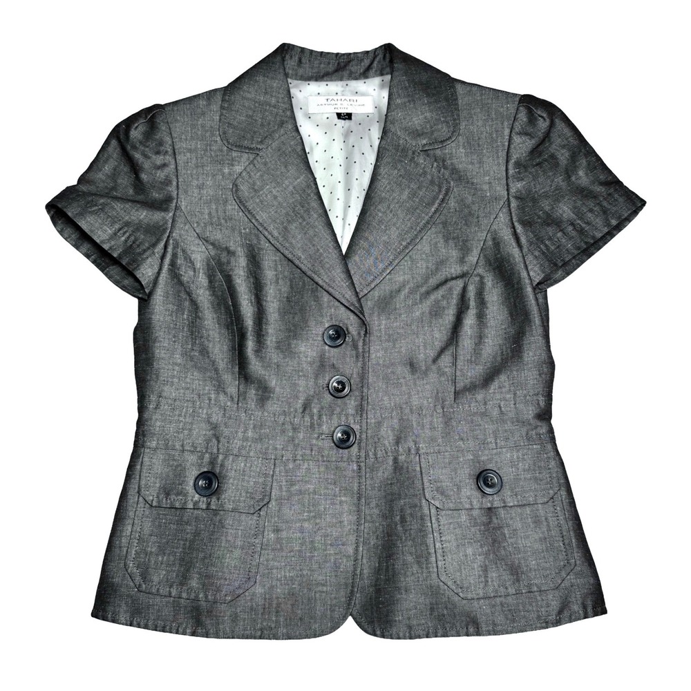 Tahari Arthur S Levine Linen Blend Short Sleeve Blazer Gray Petite 6P Office - Picture 6 of 8